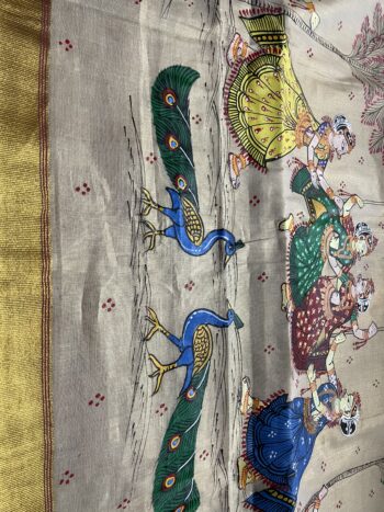 Silk Pattachitra cream saree